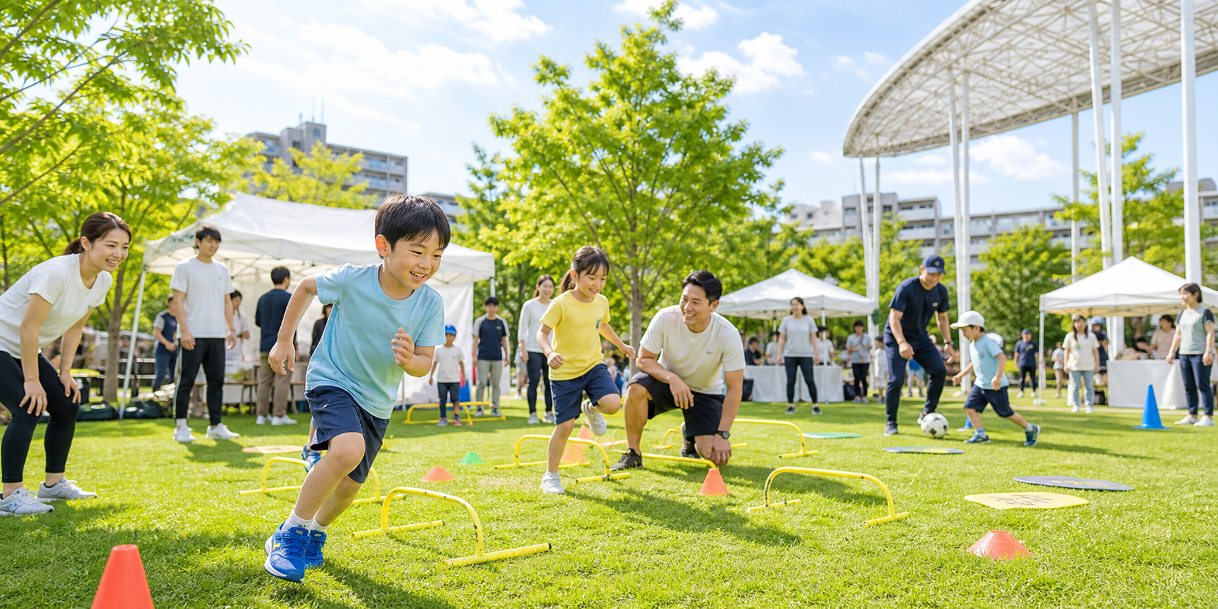 広場でスポーツ体験をする日本人参加者の写真
